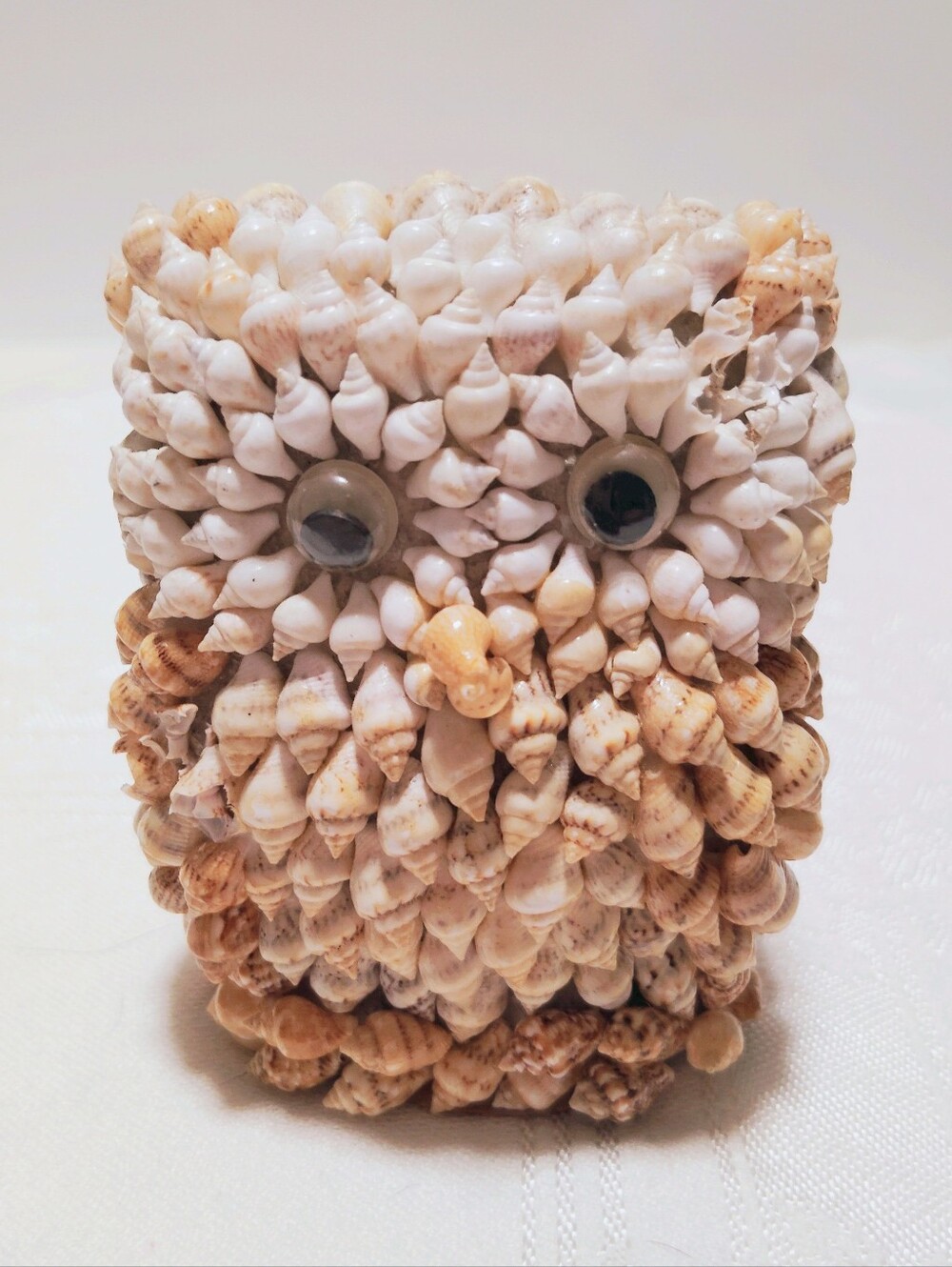 Googly-Eyed Handmade Folk Art Sea Shell Owl Figurine Vintage Coastal Beach Decor
